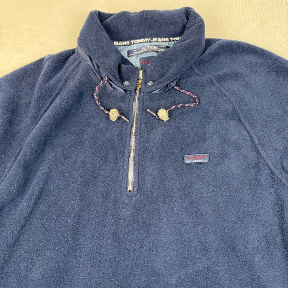 Vintage Tommy Jeans Fleece Pullover Mens Large Navy Blue 1/4 Zip Packable Hood